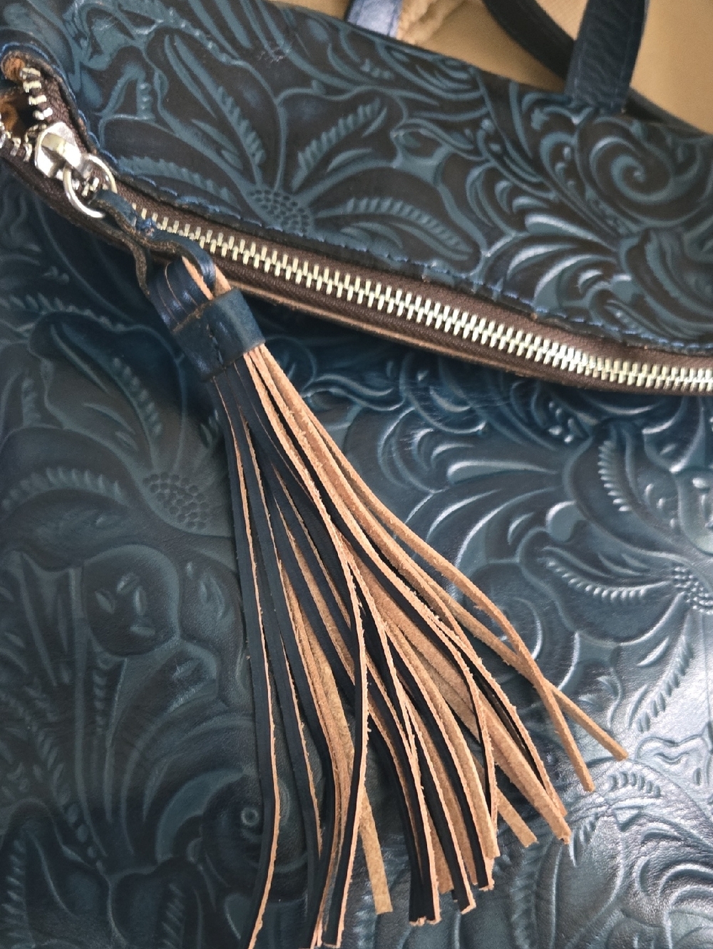 Patricia Nash Navy Embossed Leather Crossbody with Tan Tassel - Picture 14 of 14